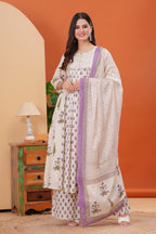 Offwhite Pure Cotton Printed Round Neck Calf Length Nayra Cut Kurta, Palazzo & Dupatta Set Mizaz Jaipur