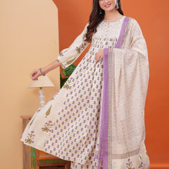 Offwhite Pure Cotton Printed Round Neck Calf Length Nayra Cut Kurta, Palazzo & Dupatta Set Mizaz Jaipur