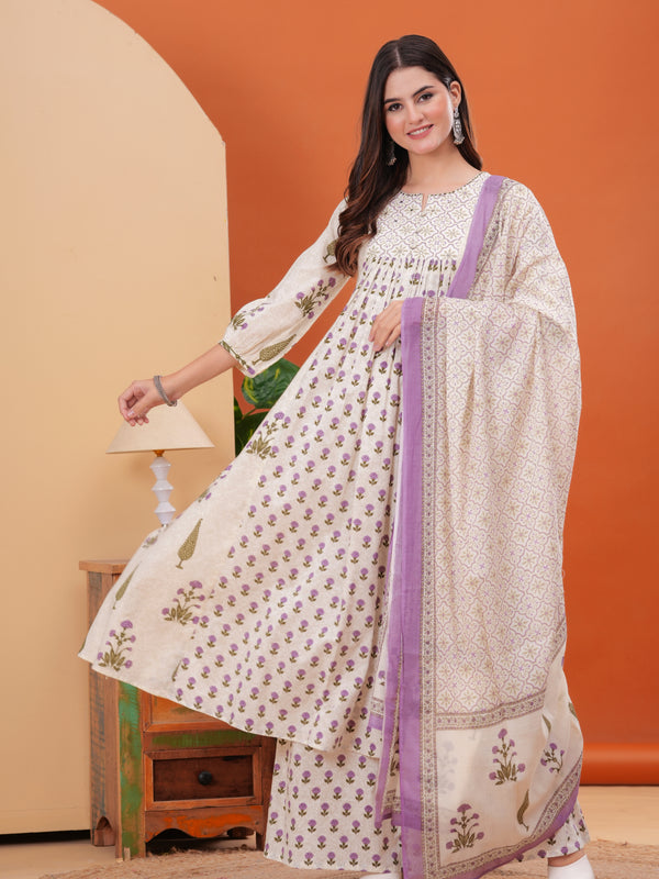 Offwhite Pure Cotton Printed Round Neck Calf Length Nayra Cut Kurta, Palazzo & Dupatta Set Mizaz Jaipur