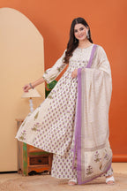 Offwhite Pure Cotton Printed Round Neck Calf Length Nayra Cut Kurta, Palazzo & Dupatta Set Mizaz Jaipur