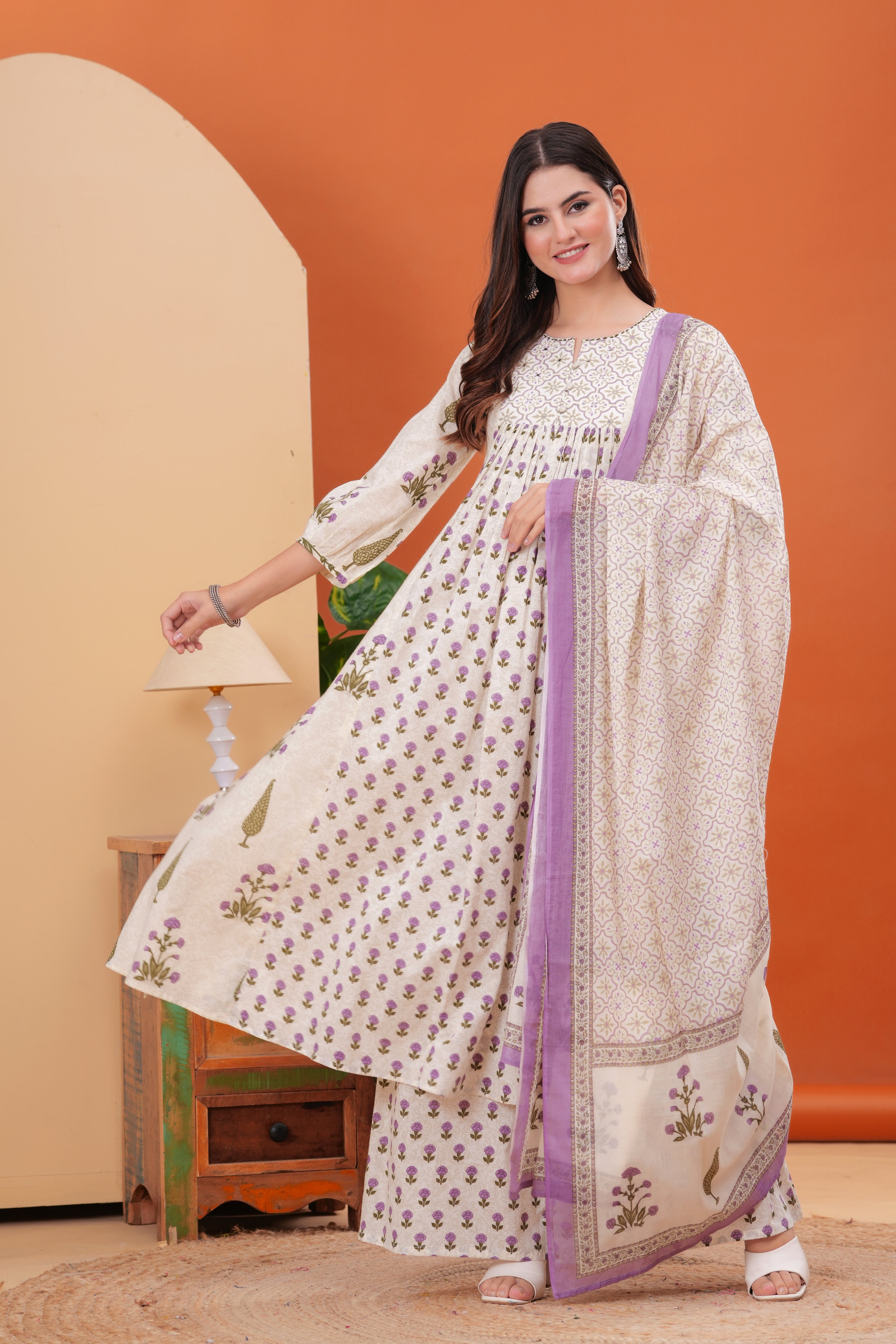 Offwhite Pure Cotton Printed Round Neck Calf Length Nayra Cut Kurta, Palazzo & Dupatta Set Mizaz Jaipur