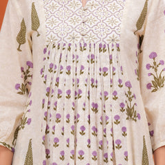 Offwhite Pure Cotton Printed Round Neck Calf Length Nayra Cut Kurta, Palazzo & Dupatta Set Mizaz Jaipur