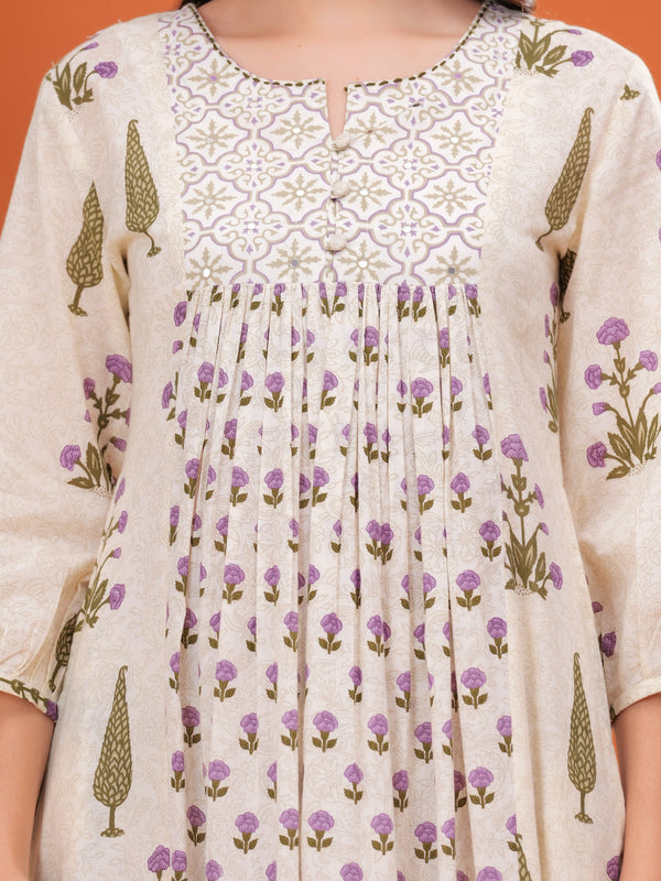 Offwhite Pure Cotton Printed Round Neck Calf Length Nayra Cut Kurta, Palazzo & Dupatta Set Mizaz Jaipur
