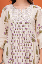 Offwhite Pure Cotton Printed Round Neck Calf Length Nayra Cut Kurta, Palazzo & Dupatta Set Mizaz Jaipur
