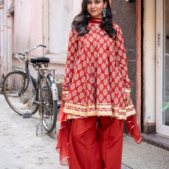 (Pre-order) Maroon Pure Cotton Printed Round Neck Full Sleeves Hip Length Flared Kurta Farshi Salwar And Dupatta Set