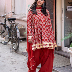 (Pre-order) Maroon Pure Cotton Printed Round Neck Full Sleeves Hip Length Flared Kurta Farshi Salwar And Dupatta Set