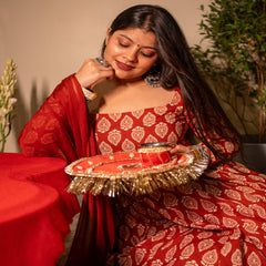 (Pre-order) Maroon Pure Cotton Printed Square Neck Full Sleeves Ankle Length Flared Kurta Pant And Dupatta Set