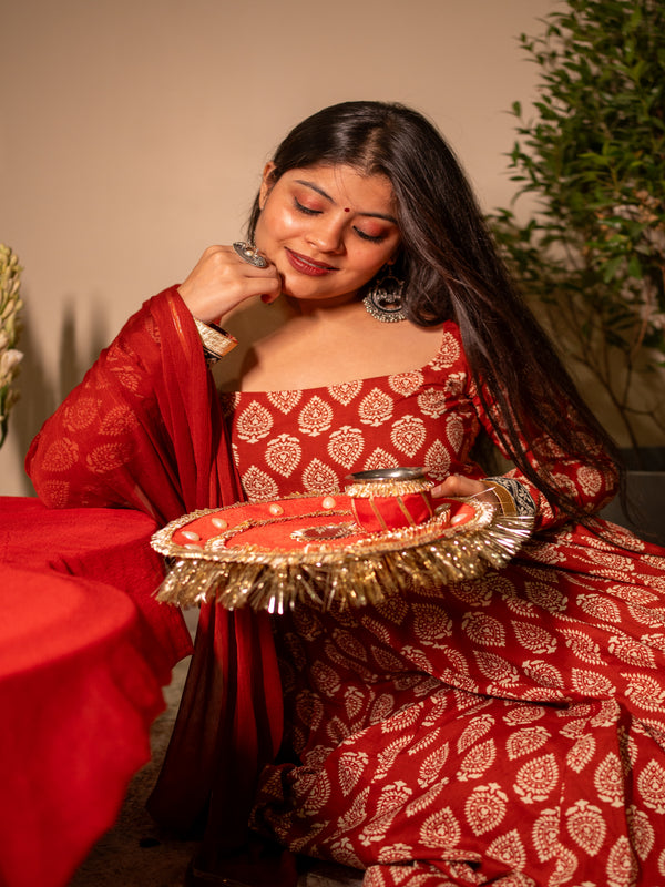 (Pre-order) Maroon Pure Cotton Printed Square Neck Full Sleeves Ankle Length Flared Kurta Pant And Dupatta Set