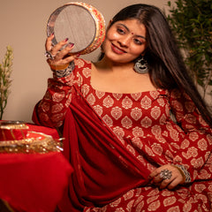 (Pre-order) Maroon Pure Cotton Printed Square Neck Full Sleeves Ankle Length Flared Kurta Pant And Dupatta Set