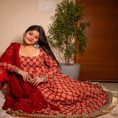 (Pre-order) Maroon Pure Cotton Printed Square Neck Full Sleeves Ankle Length Flared Kurta Pant And Dupatta Set