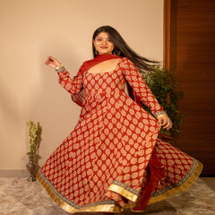 (Pre-order) Maroon Pure Cotton Printed Square Neck Full Sleeves Ankle Length Flared Kurta Pant And Dupatta Set