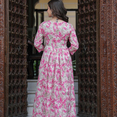 Pink Pure Cotton Printed Round Neck Calf Length Anarkali Kurta, Pant & Dupatta Set