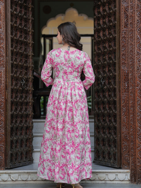 Pink Pure Cotton Printed Round Neck Calf Length Anarkali Kurta, Pant & Dupatta Set