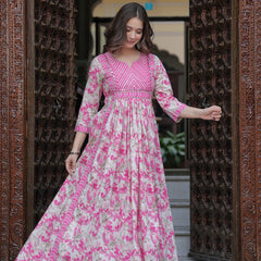 Pink Pure Cotton Printed Round Neck Calf Length Anarkali Kurta, Pant & Dupatta Set