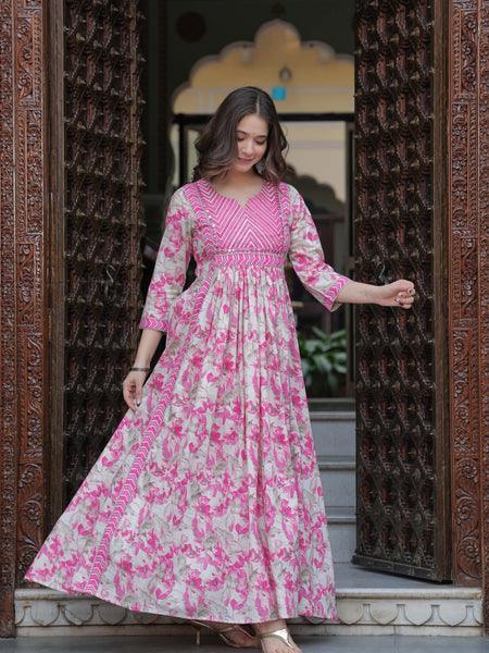 Pink Pure Cotton Printed Round Neck Calf Length Anarkali Kurta, Pant & Dupatta Set
