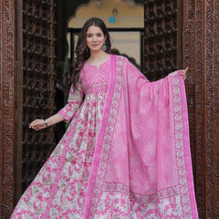 Pink Pure Cotton Printed Round Neck Calf Length Anarkali Kurta, Pant & Dupatta Set