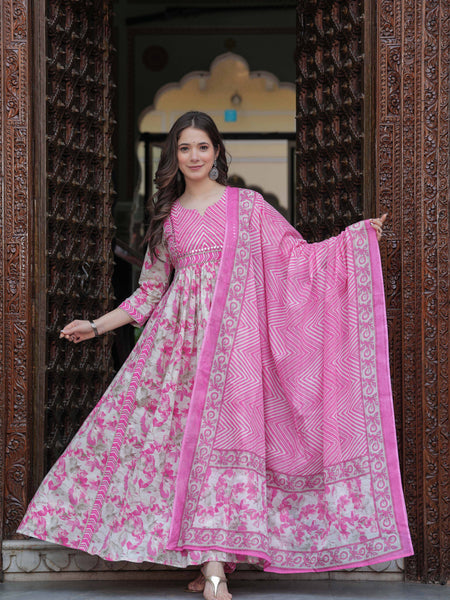 Pink Pure Cotton Printed Round Neck Calf Length Anarkali Kurta, Pant & Dupatta Set