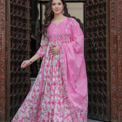 Pink Pure Cotton Printed Round Neck Calf Length Anarkali Kurta, Pant & Dupatta Set