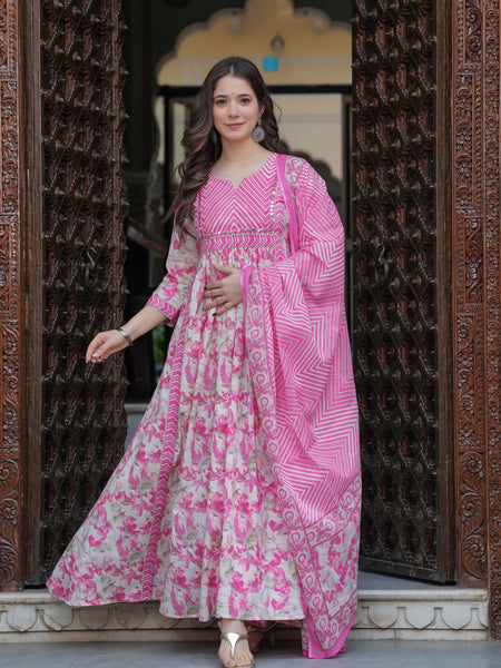 Pink Pure Cotton Printed Round Neck Calf Length Anarkali Kurta, Pant & Dupatta Set
