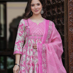 Pink Pure Cotton Printed Round Neck Calf Length Anarkali Kurta, Pant & Dupatta Set