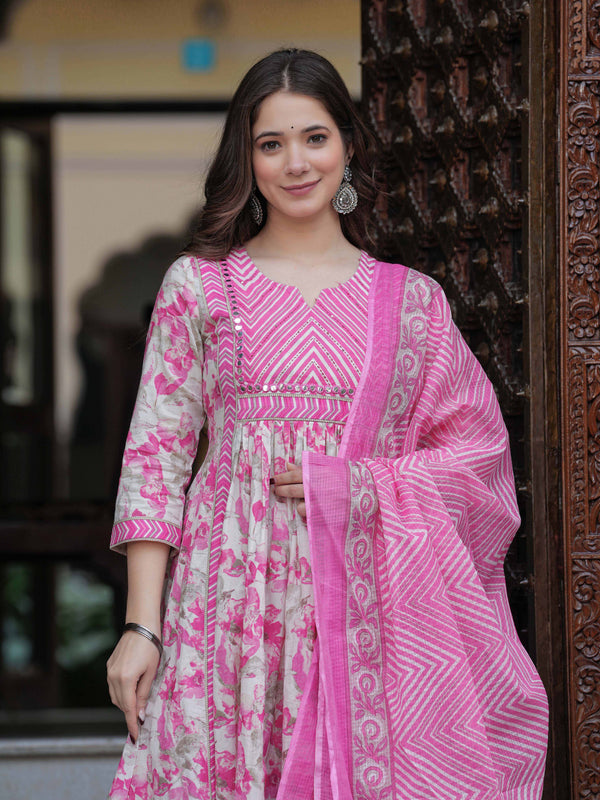 Pink Pure Cotton Printed Round Neck Calf Length Anarkali Kurta, Pant & Dupatta Set