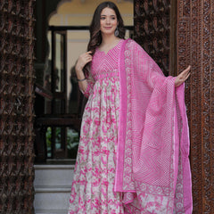 Pink Pure Cotton Printed Round Neck Calf Length Anarkali Kurta, Pant & Dupatta Set