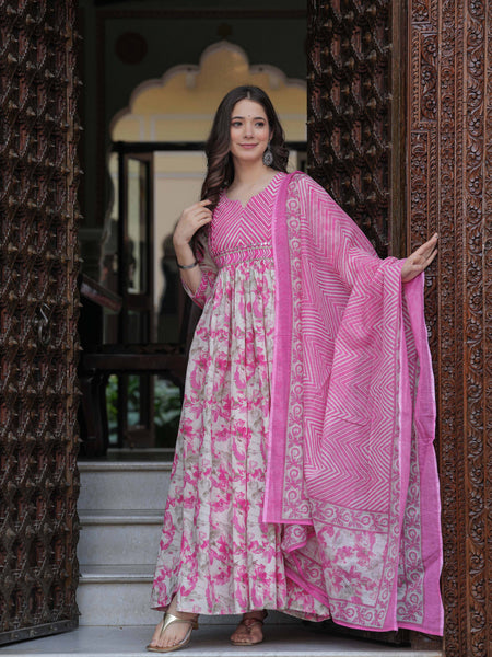 Pink Pure Cotton Printed Round Neck Calf Length Anarkali Kurta, Pant & Dupatta Set