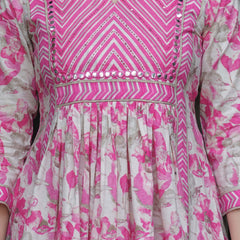 Pink Pure Cotton Printed Round Neck Calf Length Anarkali Kurta, Pant & Dupatta Set