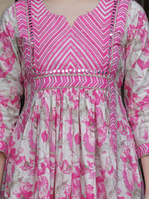 Pink Pure Cotton Printed Round Neck Calf Length Anarkali Kurta, Pant & Dupatta Set
