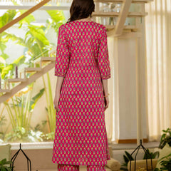Pink Pure Cotton Printed Round Nack 3/4 Sleeves Calf Length A-Line Kurta Pant & Dupatta Set