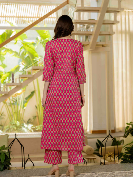 Pink Pure Cotton Printed Round Nack 3/4 Sleeves Calf Length A-Line Kurta Pant & Dupatta Set
