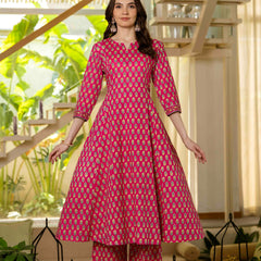 Pink Pure Cotton Printed Round Nack 3/4 Sleeves Calf Length A-Line Kurta Pant & Dupatta Set