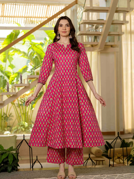 Pink Pure Cotton Printed Round Nack 3/4 Sleeves Calf Length A-Line Kurta Pant & Dupatta Set