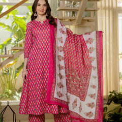Pink Pure Cotton Printed Round Nack 3/4 Sleeves Calf Length A-Line Kurta Pant & Dupatta Set
