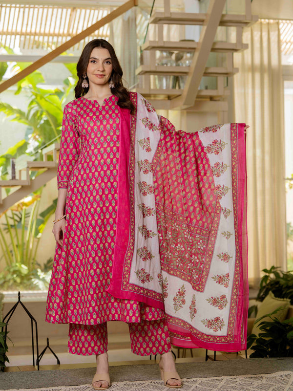 Pink Pure Cotton Printed Round Nack 3/4 Sleeves Calf Length A-Line Kurta Pant & Dupatta Set