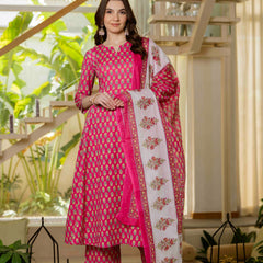Pink Pure Cotton Printed Round Nack 3/4 Sleeves Calf Length A-Line Kurta Pant & Dupatta Set
