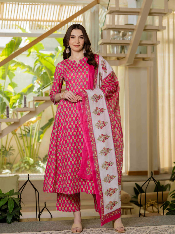 Pink Pure Cotton Printed Round Nack 3/4 Sleeves Calf Length A-Line Kurta Pant & Dupatta Set