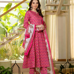 Pink Pure Cotton Printed Round Nack 3/4 Sleeves Calf Length A-Line Kurta Pant & Dupatta Set