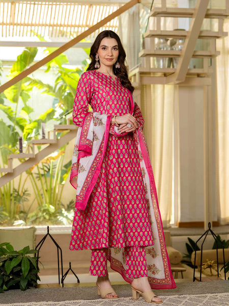 Pink Pure Cotton Printed Round Nack 3/4 Sleeves Calf Length A-Line Kurta Pant & Dupatta Set