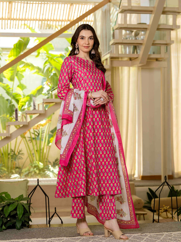 Pink Pure Cotton Printed Round Nack 3/4 Sleeves Calf Length A-Line Kurta Pant & Dupatta Set
