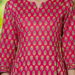 Pink Pure Cotton Printed Round Nack 3/4 Sleeves Calf Length A-Line Kurta Pant & Dupatta Set