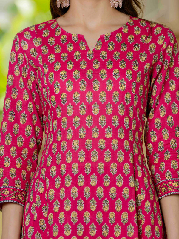 Pink Pure Cotton Printed Round Nack 3/4 Sleeves Calf Length A-Line Kurta Pant & Dupatta Set
