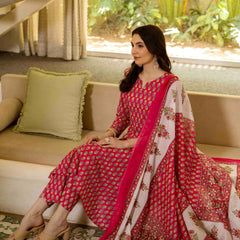 Pink Pure Cotton Printed Round Nack 3/4 Sleeves Calf Length A-Line Kurta Pant & Dupatta Set