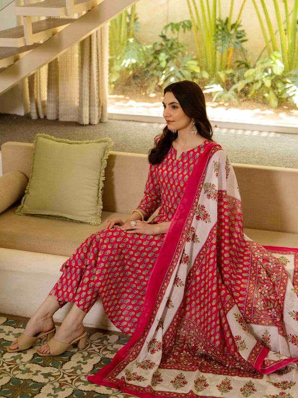 Pink Pure Cotton Printed Round Nack 3/4 Sleeves Calf Length A-Line Kurta Pant & Dupatta Set