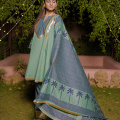 (Pre-order) Topaz Green Pure Cotton Printed Gota Work Round Neck 3/4 Sleeves Hip Length A-Line Kurta Farshi Salwar And Dupatta Set