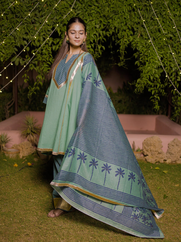 (Pre-order) Topaz Green Pure Cotton Printed Gota Work Round Neck 3/4 Sleeves Hip Length A-Line Kurta Farshi Salwar And Dupatta Set