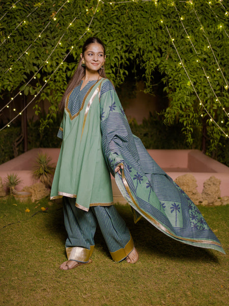 (Pre-order) Topaz Green Pure Cotton Printed Gota Work Round Neck 3/4 Sleeves Hip Length A-Line Kurta Farshi Salwar And Dupatta Set