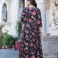 Black Pure Cotton Printed Round Neck Calf Length Anarkali Kurta, Pant & Dupatta Set Mizaz Jaipur