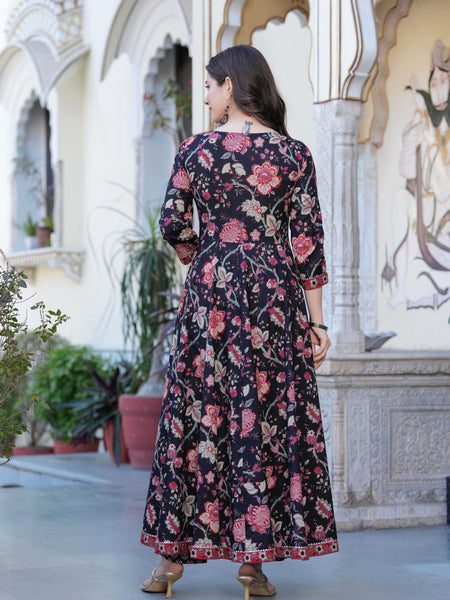 Black Pure Cotton Printed Round Neck Calf Length Anarkali Kurta, Pant & Dupatta Set Mizaz Jaipur