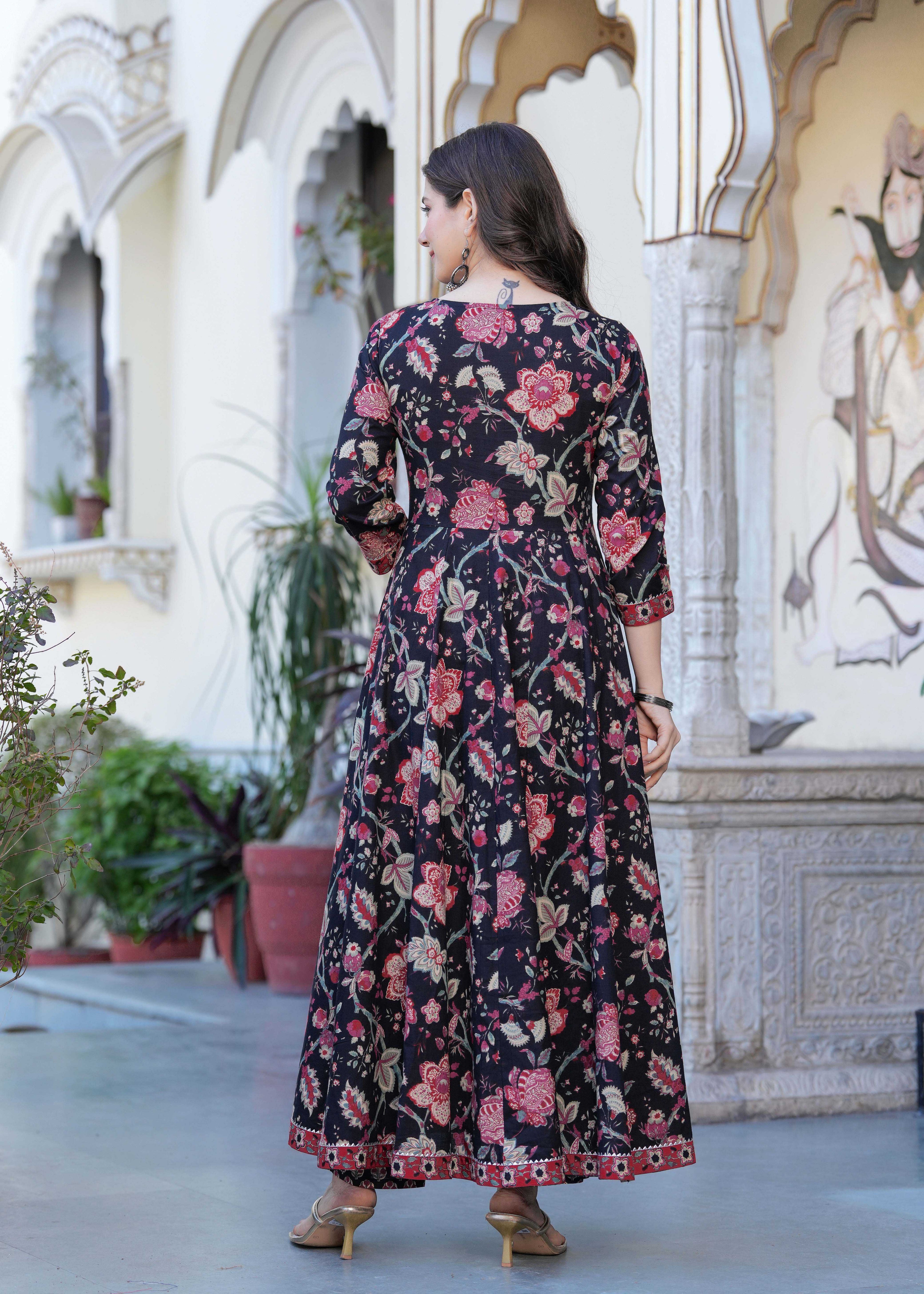 Black Pure Cotton Printed Round Neck Calf Length Anarkali Kurta, Pant & Dupatta Set Mizaz Jaipur